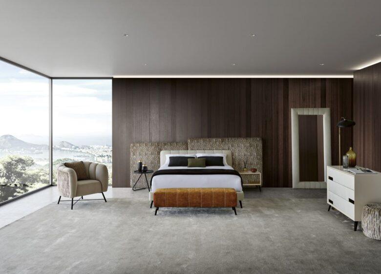 Quarto moderno com vista panorâmica e decoração elegante