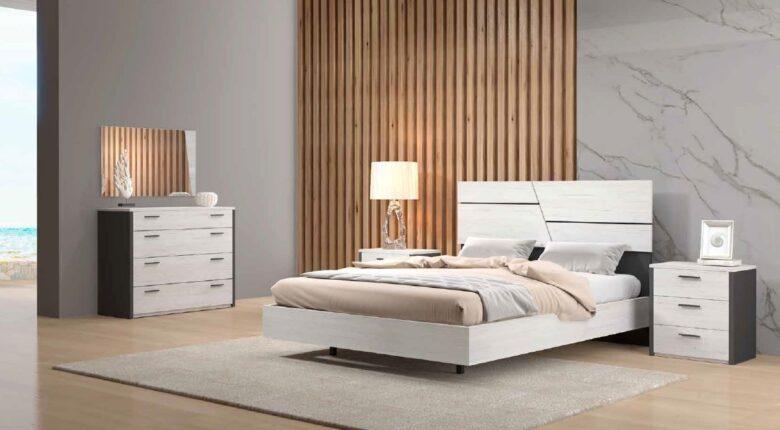 Quarto moderno com cama e móveis em madeira clara