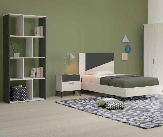 Quarto moderno com cama e estante verde e cinzenta