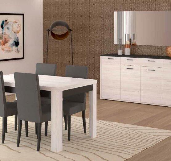 Sala de jantar moderna com mesa e cadeiras cinzentas