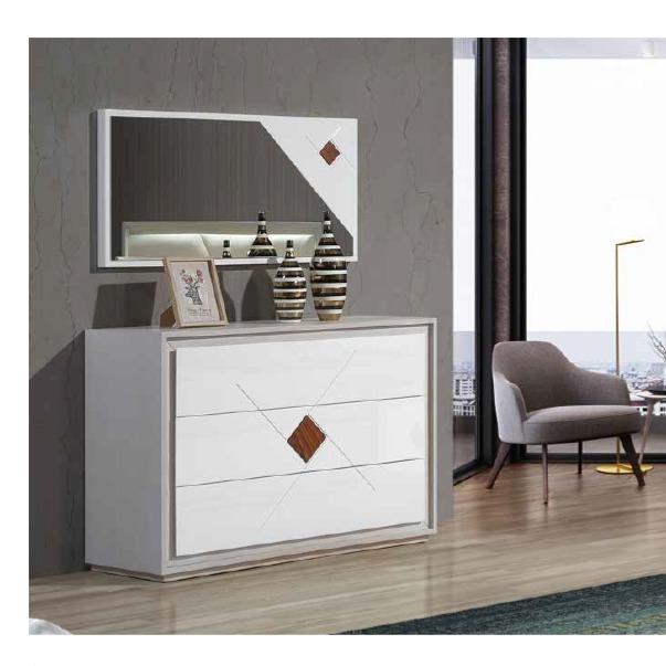 VISÃO 01r Cômoda moderna branca com espelho retangular.